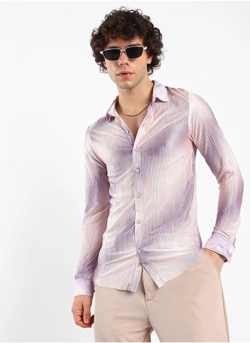 Campus Sutra Men's Lavender & Ivory White Ombre-Pleated Shirt