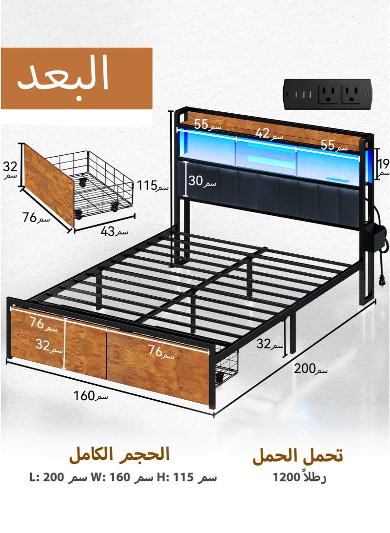 Generic Bed Frame Queen Size, Storage Headboard with Black Headboard Pillow, 2 Storage Drawers, Charging Station and LED Lights, Non-Slip Without Noise, No Box Spring Needed 160*200cm  - Image 2