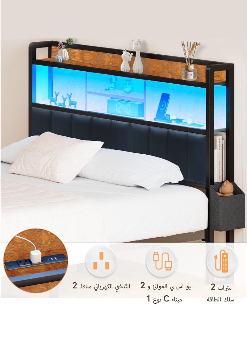 Generic Bed Frame Queen Size, Storage Headboard with Black Headboard Pillow, 2 Storage Drawers, Charging Station and LED Lights, Non-Slip Without Noise, No Box Spring Needed 160*200cm  - Image 5
