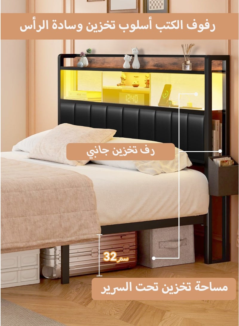 إطار سرير بحجم كوين، لوح رأس سرير مع وسادة لوح رأس سرير سوداء، 2 أدراج تخزين، محطة شحن وأضواء LED، مانع للانزلاق بدون ضوضاء، لا حاجة إلى صندوق زنبركي 160*200 سم - Image 4