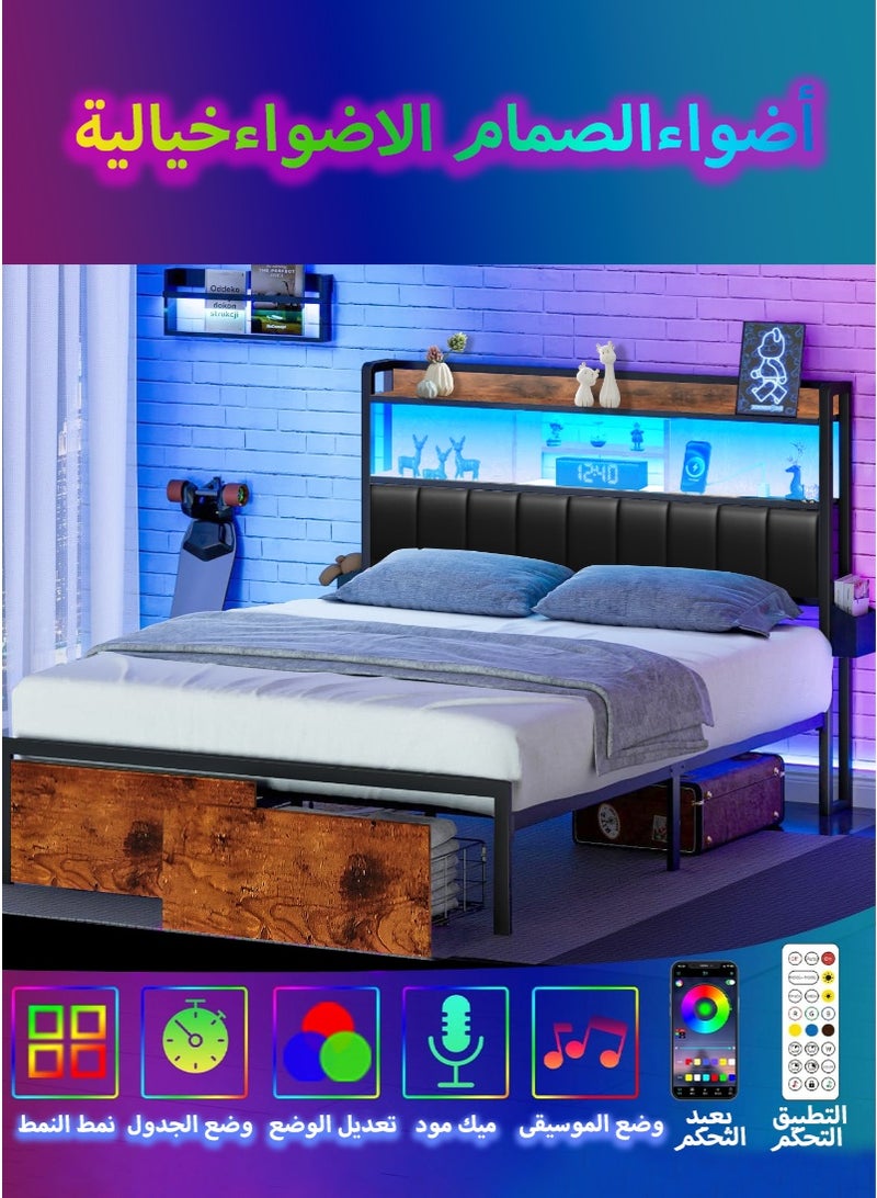 إطار سرير بحجم كوين، لوح رأس سرير مع وسادة لوح رأس سرير سوداء، 2 أدراج تخزين، محطة شحن وأضواء LED، مانع للانزلاق بدون ضوضاء، لا حاجة إلى صندوق زنبركي 160*200 سم - Image 3