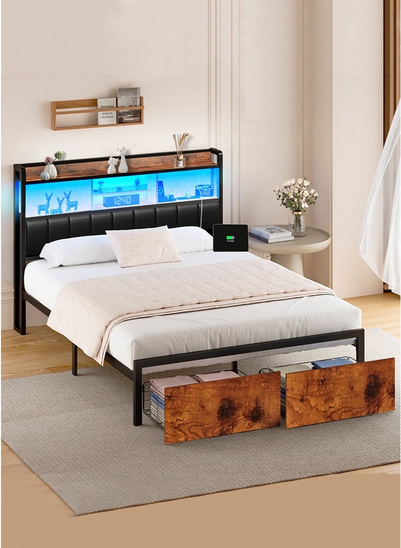 إطار سرير بحجم كوين، لوح رأس سرير مع وسادة لوح رأس سرير سوداء، 2 أدراج تخزين، محطة شحن وأضواء LED، مانع للانزلاق بدون ضوضاء، لا حاجة إلى صندوق زنبركي 160*200 سم - Image 1
