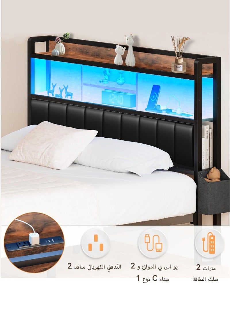 إطار سرير بحجم كوين، لوح رأس سرير مع وسادة لوح رأس سرير سوداء، 2 أدراج تخزين، محطة شحن وأضواء LED، مانع للانزلاق بدون ضوضاء، لا حاجة إلى صندوق زنبركي 160*200 سم - Image 5