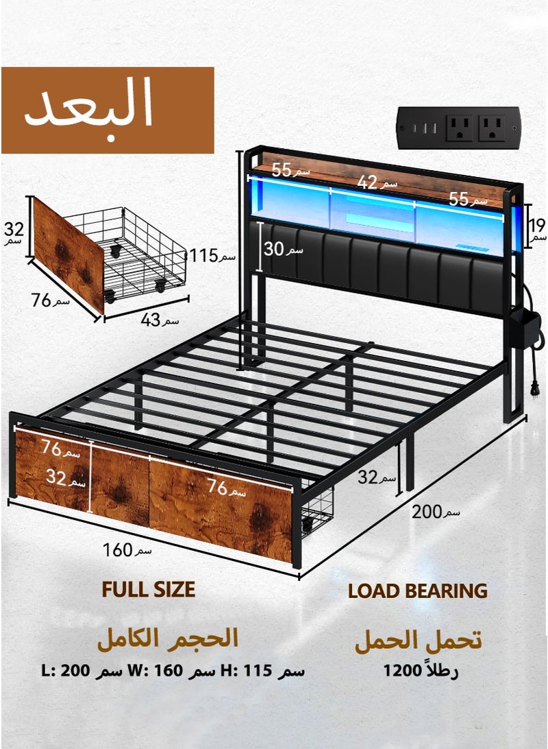 إطار سرير بحجم كوين، لوح رأس سرير مع وسادة لوح رأس سرير سوداء، 2 أدراج تخزين، محطة شحن وأضواء LED، مانع للانزلاق بدون ضوضاء، لا حاجة إلى صندوق زنبركي 160*200 سم - Image 2