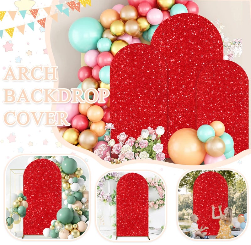 PATYDEST Red Arch Cover (7.2FT, 6.6FT, 6FT) Set of 3 Arch Backdrop Covers Sequin Backdrop Covers Arched Spandex Balloon Sparkle Photo Background for Birthday Engagement Baby Shower Party Decor - Image 5
