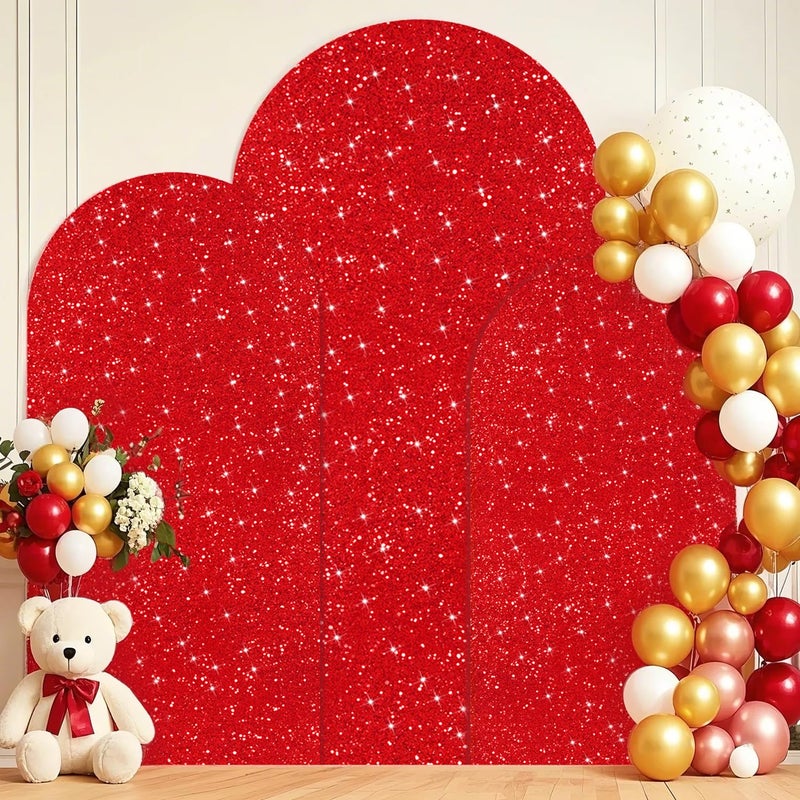 PATYDEST Red Arch Cover (7.2FT, 6.6FT, 6FT) Set of 3 Arch Backdrop Covers Sequin Backdrop Covers Arched Spandex Balloon Sparkle Photo Background for Birthday Engagement Baby Shower Party Decor - Image 1