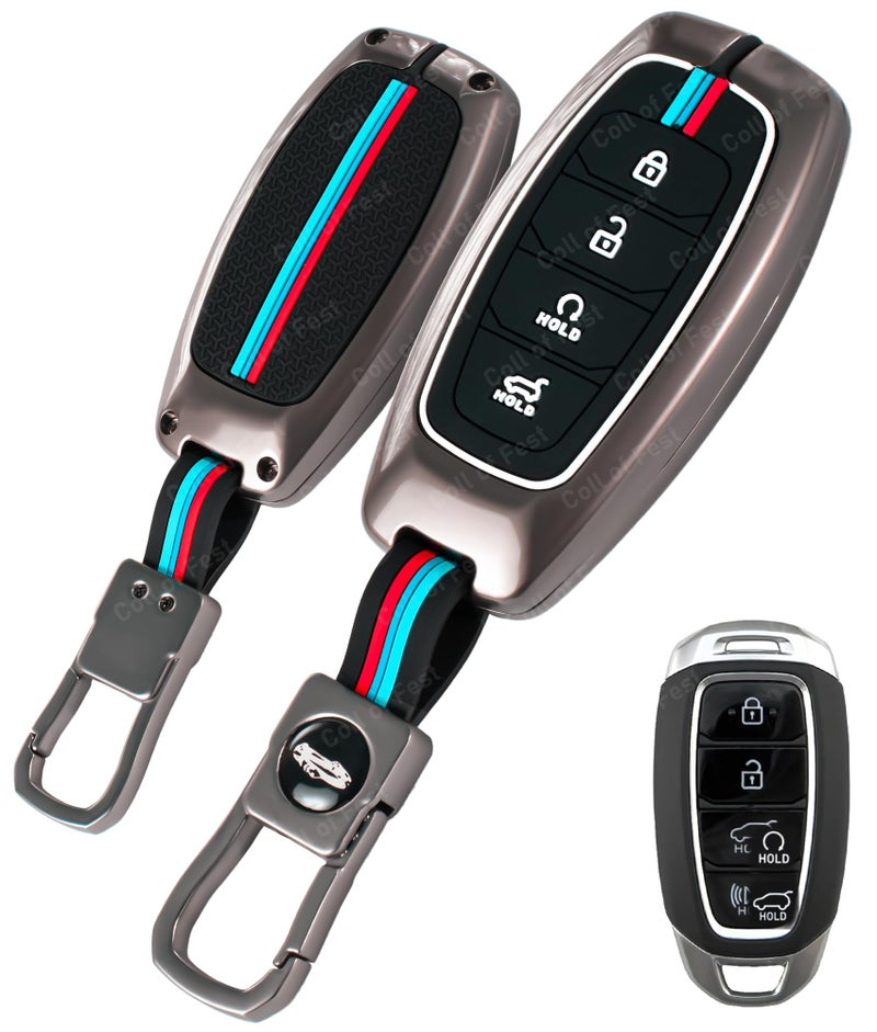 Coll of Fest Metal Silicon Key Cover Compatible with Hyundai Verna 2023 2024 | i20 Facelift N Line N8 Car 4 Button Smart Key Special Feature Visible in Low-Light Condition - Image 1