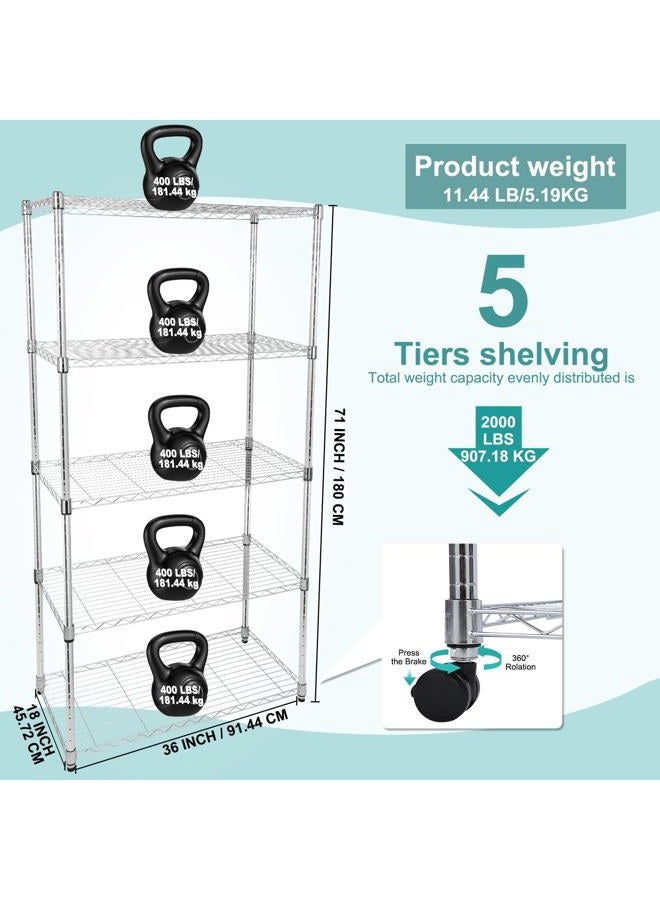 Whitmor 5 Tier Storage Shelves, Heavy Duty with Wheels, Adjustable Steel Organizer, 400 lbs Capacity per Shelf, Max 2000 lbs Total for Home, Garage, Workshop, 36" L x 18" W x 71" H, Chrome - Image 3