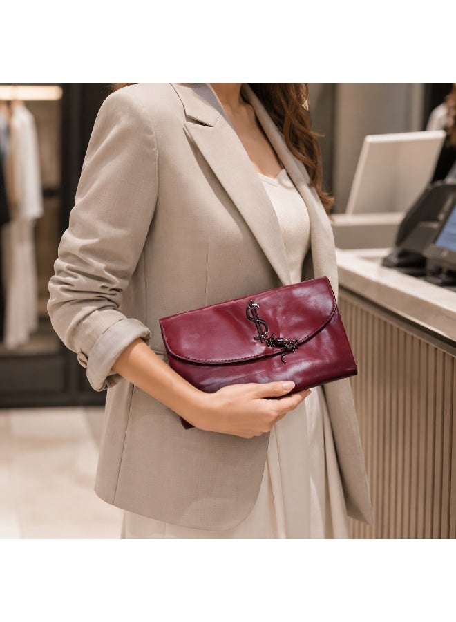 Women's clutch bag with a long strap, suitable for crossbody and shoulder carrying. Classic design with metal details, ideal for outings, evenings out, and special occasions -burgundy - Image 2