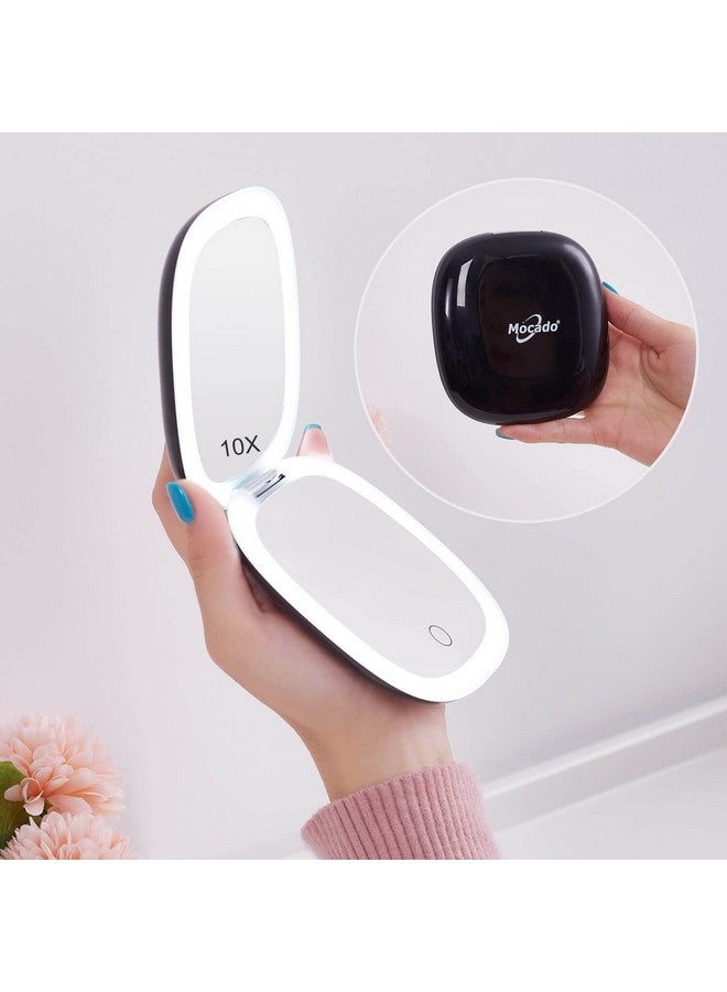 Mocado Compact LED Magnifying Travel Makeup-Mirror - 4 inches 1X/10X Magnification Small Hand Pocket Dimmable Double Sided USB Rechargeable Touch Screen, Portable Tabletop Cosmetic (Black) - Image 1
