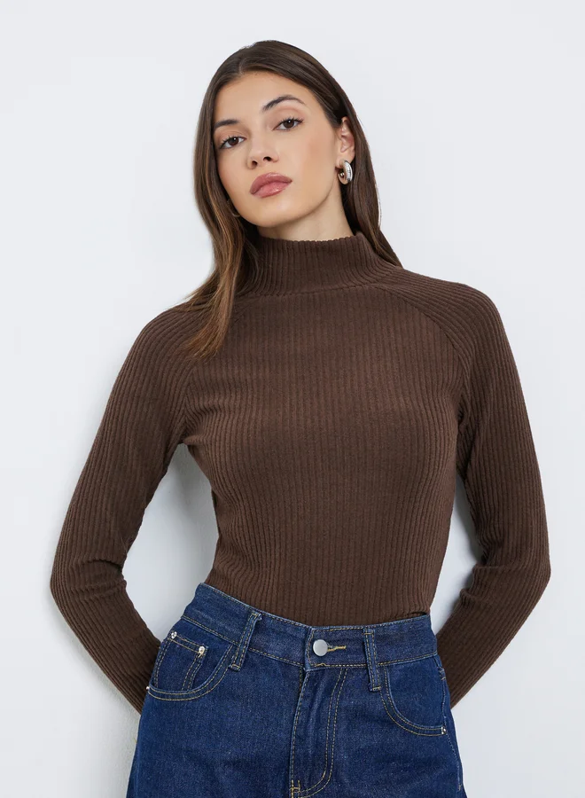 Styli Styli Brown Ribbed High Neck Knit Top