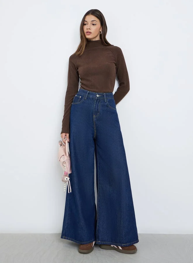 Styli Brown Ribbed High Neck Knit Top