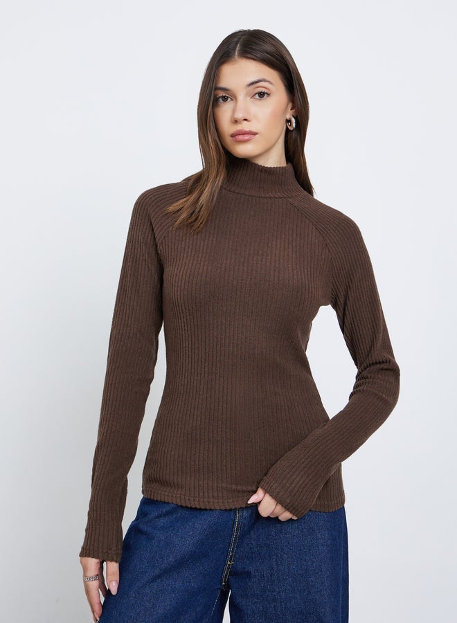 Styli Brown Ribbed High Neck Knit Top - Image 1