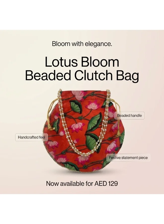 Mobcos Mobcos Orange Flower Floral Print Potli Bag Mobcos Orange Flower Handcrafted Indian Floral Print Potli Bag for Women | Print Silk Blend Ethnic Drawstring Handbag with Pearl Handle | Traditional Wedding, Bridal, Festive & Party Purse for Women | Best Price UAE