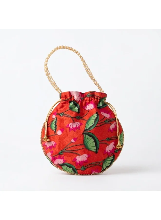 Mobcos Mobcos Orange Flower Handcrafted Indian Floral Print Potli Bag for Women | Print Silk Blend Ethnic Drawstring Handbag with Pearl Handle | Traditional Wedding, Bridal, Festive & Party Purse