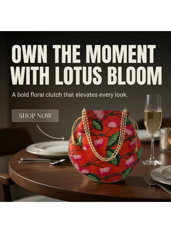 Mobcos Mobcos Orange Flower Floral Print Potli Bag Mobcos Orange Flower Handcrafted Indian Floral Print Potli Bag for Women | Print Silk Blend Ethnic Drawstring Handbag with Pearl Handle | Traditional Wedding, Bridal, Festive & Party Purse for Women | Best Price UAE