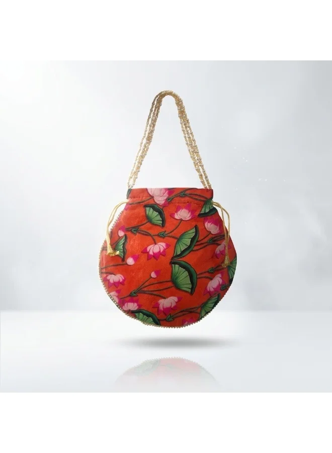 Mobcos Mobcos Orange Flower Floral Print Potli Bag Mobcos Orange Flower Handcrafted Indian Floral Print Potli Bag for Women | Print Silk Blend Ethnic Drawstring Handbag with Pearl Handle | Traditional Wedding, Bridal, Festive & Party Purse for Women | Best Price UAE