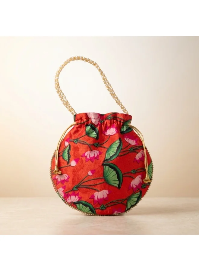 Mobcos Mobcos Orange Flower Handcrafted Indian Floral Print Potli Bag for Women | Print Silk Blend Ethnic Drawstring Handbag with Pearl Handle | Traditional Wedding, Bridal, Festive & Party Purse