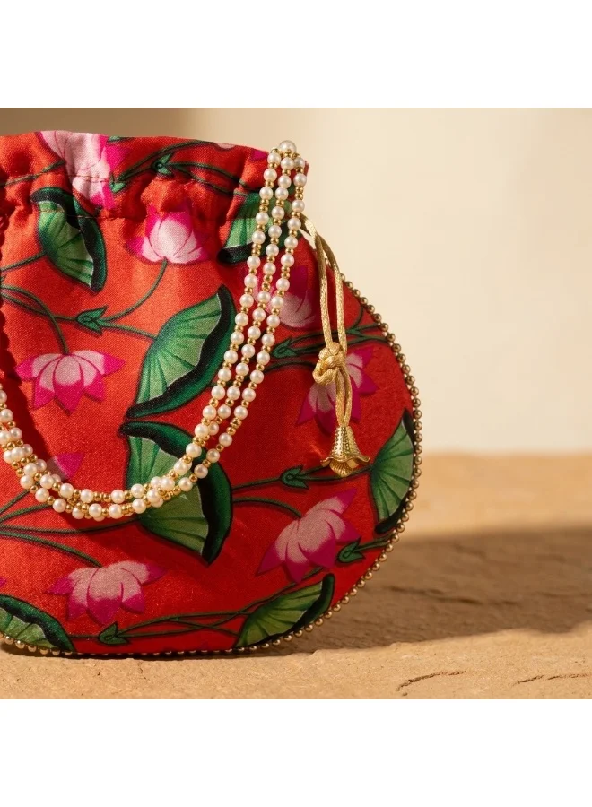 Mobcos Mobcos Orange Flower Floral Print Potli Bag Mobcos Orange Flower Handcrafted Indian Floral Print Potli Bag for Women | Print Silk Blend Ethnic Drawstring Handbag with Pearl Handle | Traditional Wedding, Bridal, Festive & Party Purse for Women | Best Price UAE