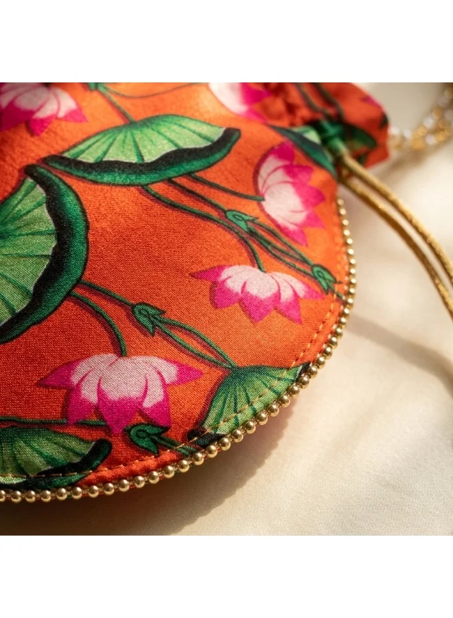 Mobcos Mobcos Orange Flower Floral Print Potli Bag Mobcos Orange Flower Handcrafted Indian Floral Print Potli Bag for Women | Print Silk Blend Ethnic Drawstring Handbag with Pearl Handle | Traditional Wedding, Bridal, Festive & Party Purse for Women | Best Price UAE