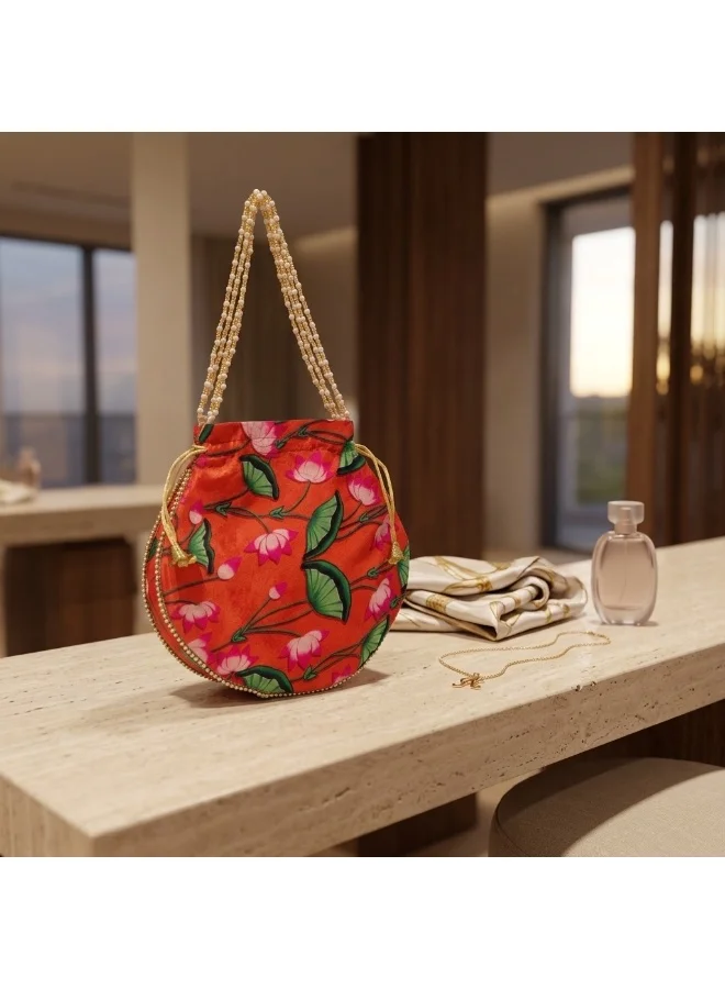 Mobcos Mobcos Orange Flower Floral Print Potli Bag Mobcos Orange Flower Handcrafted Indian Floral Print Potli Bag for Women | Print Silk Blend Ethnic Drawstring Handbag with Pearl Handle | Traditional Wedding, Bridal, Festive & Party Purse for Women | Best Price UAE