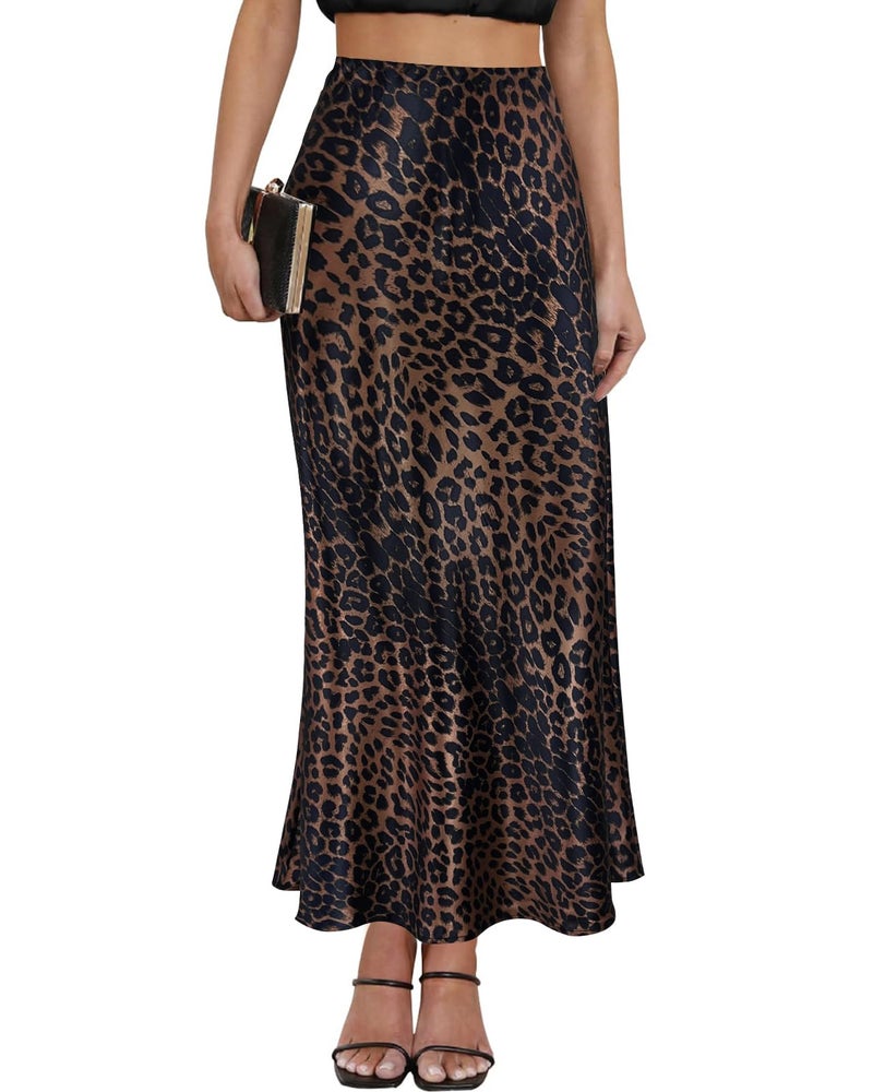 Teddify Women's Satin Maxi Skirt High Waisted Elastic Waistband Silk A-Line Casual Party Leopard Print Long Skirts for Women (Leopard Brown02, Large) - Image 1