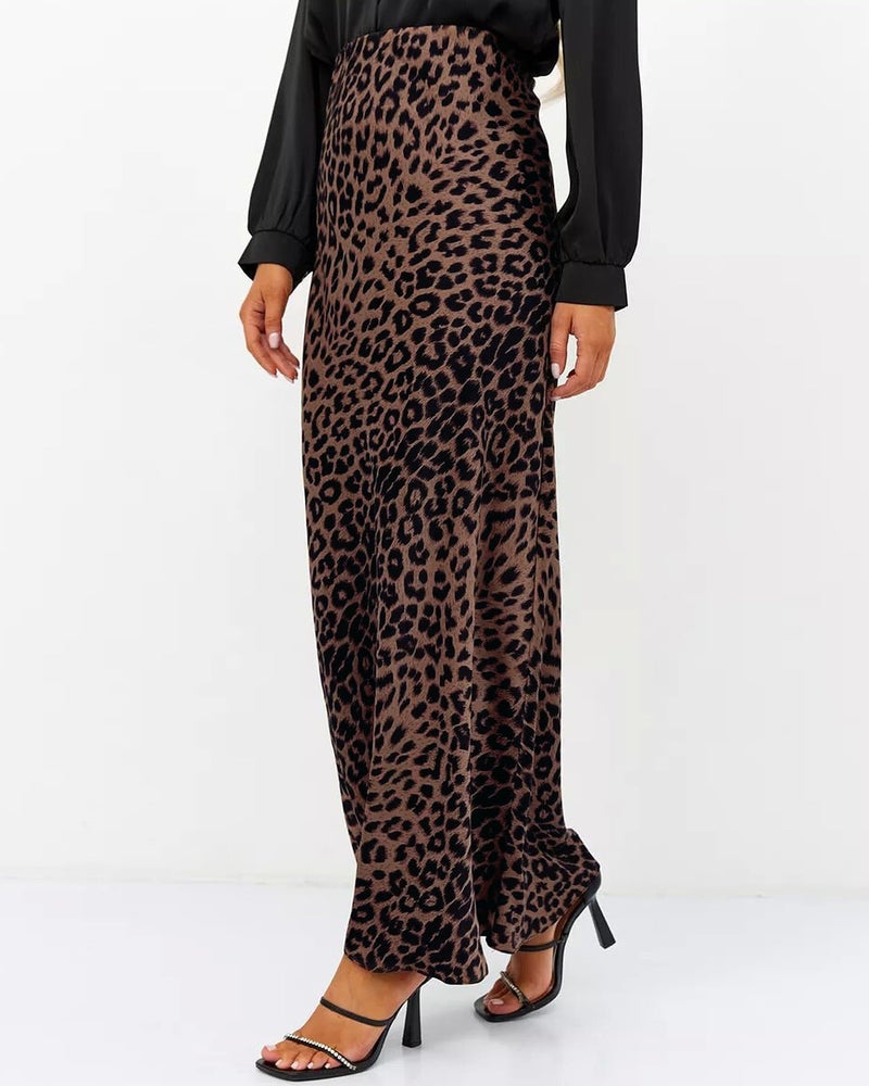 Teddify Women's Satin Maxi Skirt High Waisted Elastic Waistband Silk A-Line Casual Party Leopard Print Long Skirts for Women (Leopard Brown02, Large) - Image 2