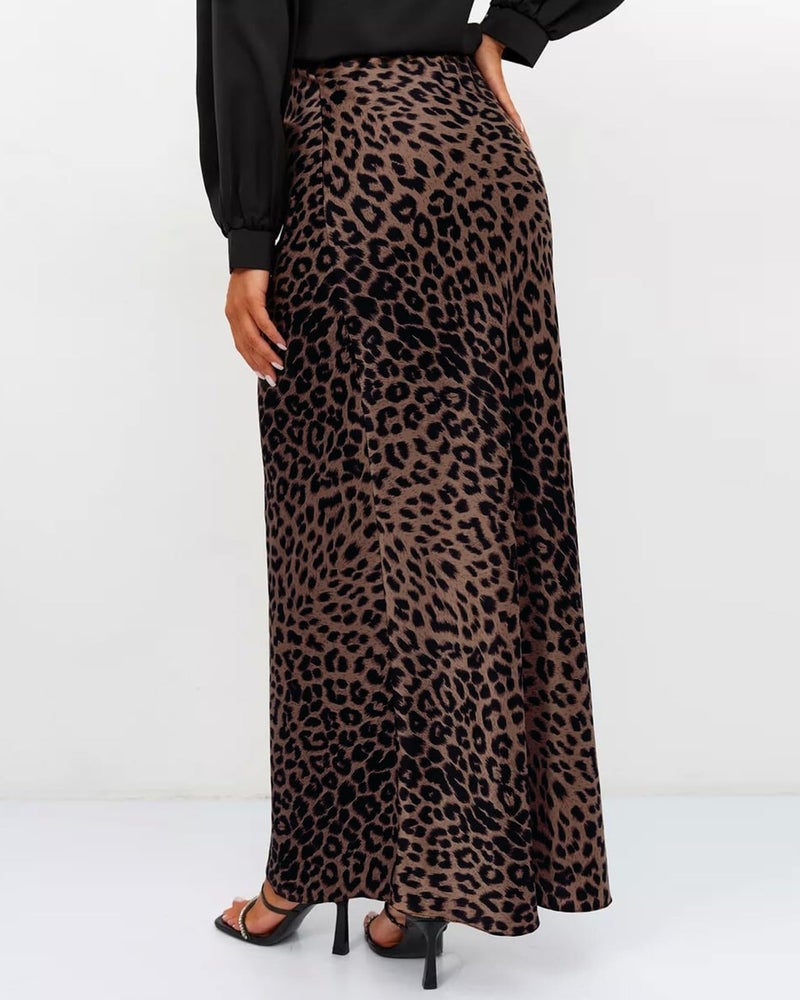 Teddify Women's Satin Maxi Skirt High Waisted Elastic Waistband Silk A-Line Casual Party Leopard Print Long Skirts for Women (Leopard Brown02, Large) - Image 3