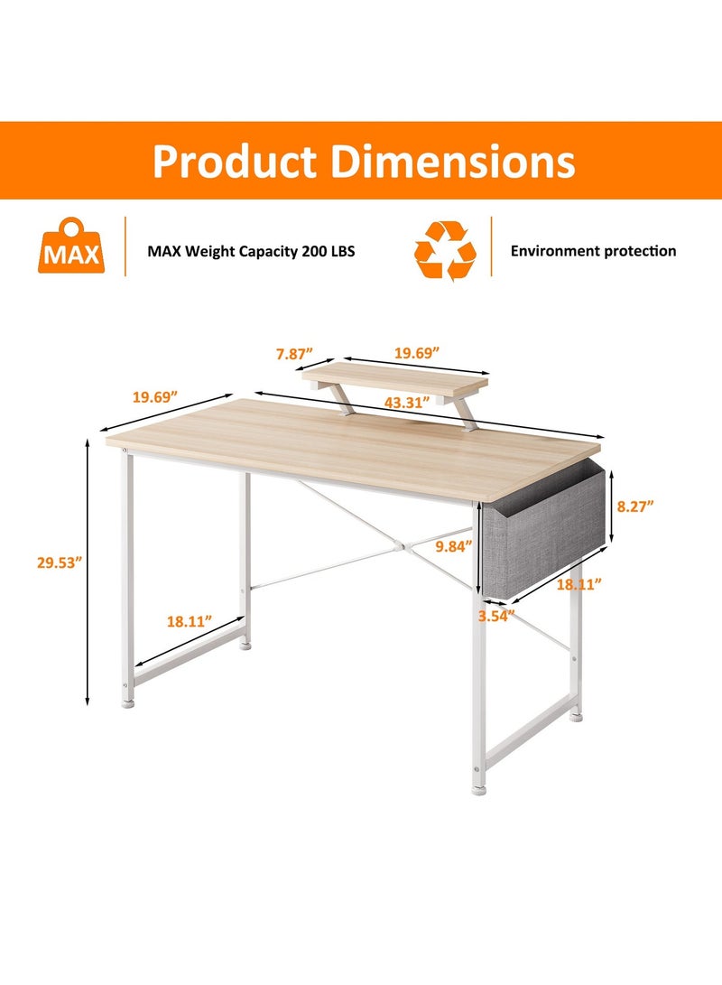 SHEIDLIN Modern Home Office Computer Desk with Storage Bag & Monitor Stand, Simple Style Writing Study Desk, Laptop Table, 110 x 50 x 73cm - Image 4