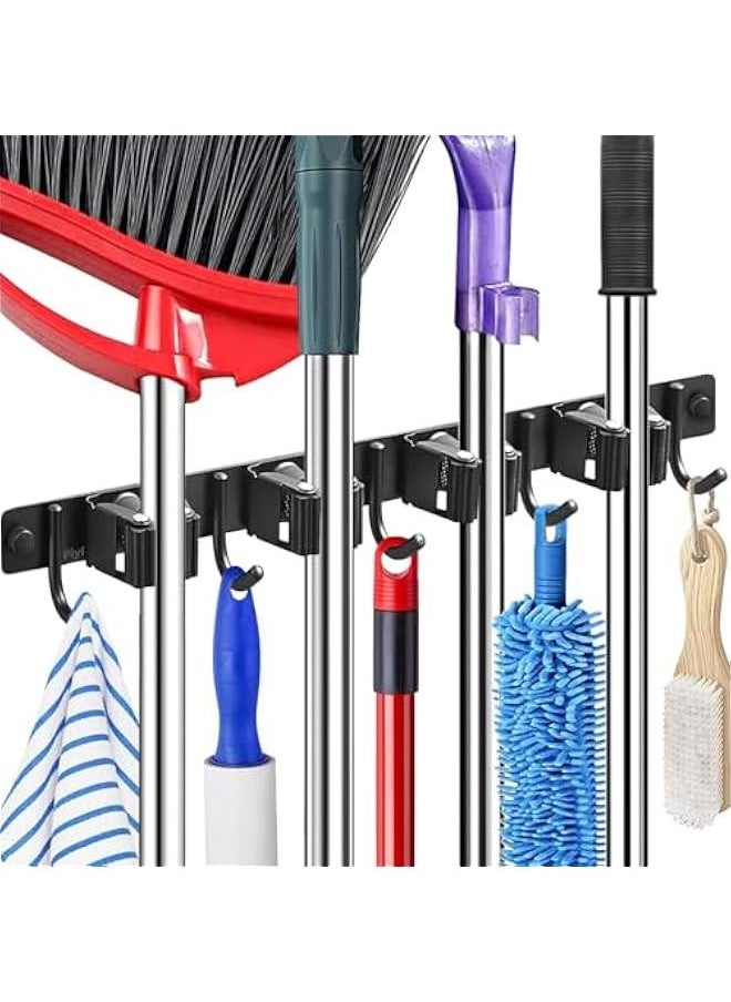 HOOKOR Mop Broom Holder, Stainless Steel Broom Hanger Wall Mount, Non Slip Broom Mop Holder Wall Mounted, Hanging Broom Hook Self Adhesive, Broom Storage (Black)  - Image 1