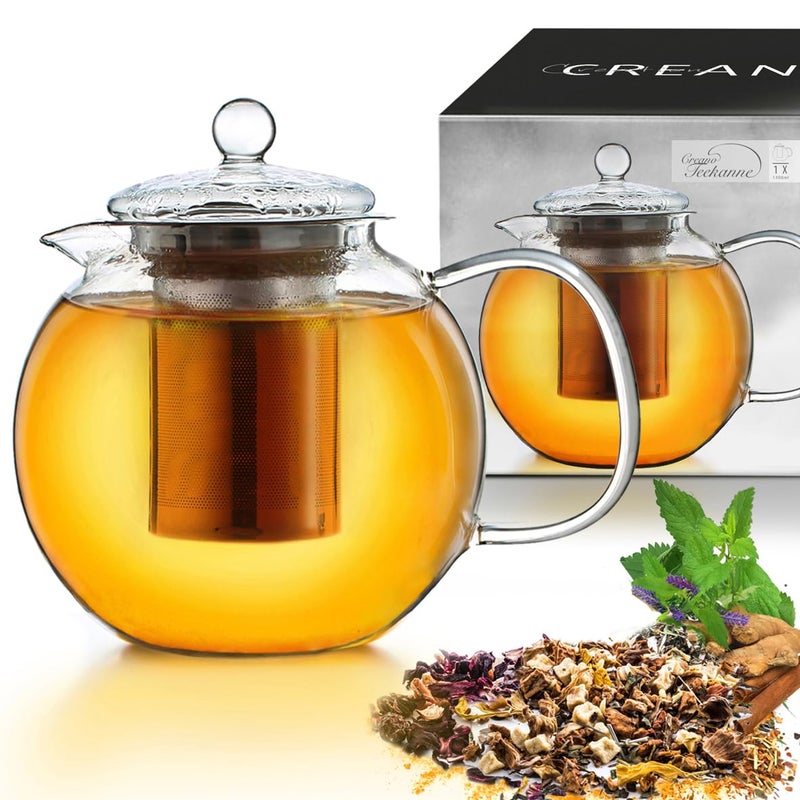 Creano Glass Teapot 1700ml  Stovetop Safe Tea Kettle with Stainless Steel Infuser and Glass Lid  Ideal for Preparing Loose Teas  Drip Free