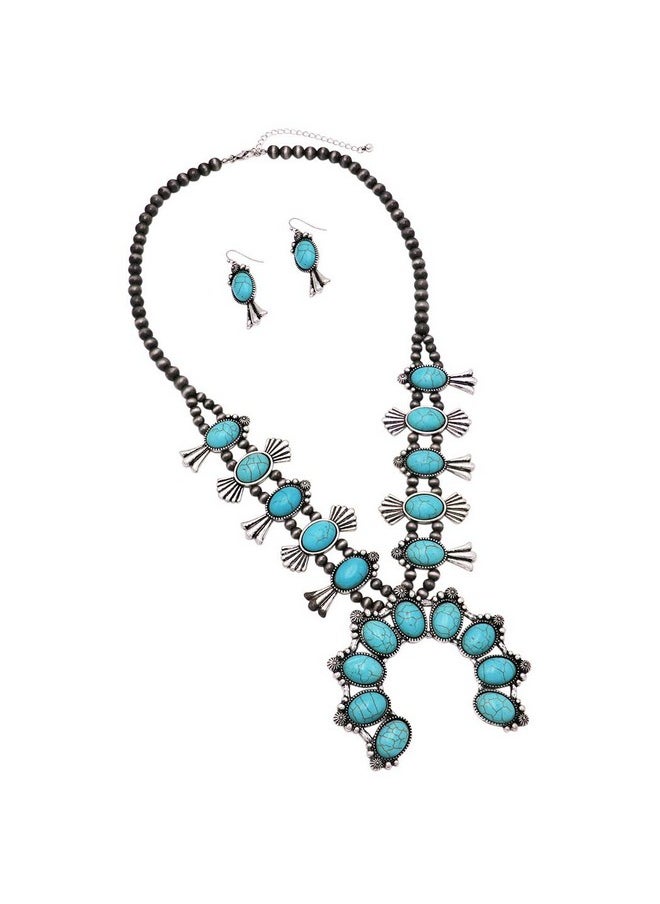 Rosemarie Collections - Rosemarie & Jubalee Women'S Statement Western Howlite Squash Blossom Necklace Earrings Jewelry Set, 27"+3" Extension (Turquoise Blue) - Image 1