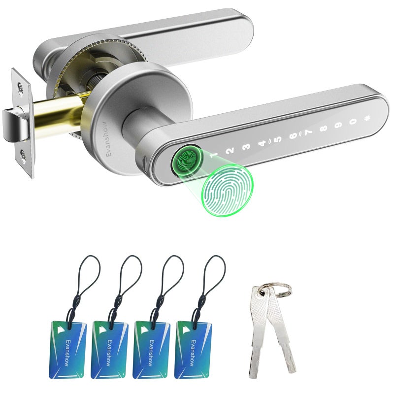 Evanshow Fingerprint Door Lock Biometric Door Knob with Keypad Keyless Entry, Door Locks for Bedrooms, Home Hotel Office Apartment Silver - Image 1