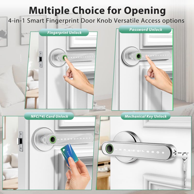 Evanshow Fingerprint Door Lock Biometric Door Knob with Keypad Keyless Entry, Door Locks for Bedrooms, Home Hotel Office Apartment Silver - Image 2