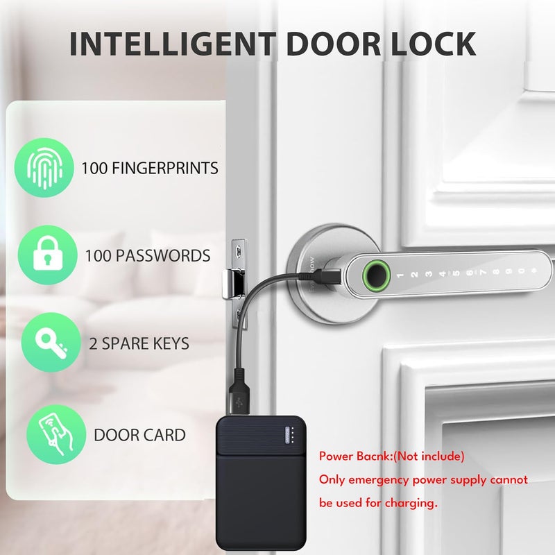 Evanshow Fingerprint Door Lock Biometric Door Knob with Keypad Keyless Entry, Door Locks for Bedrooms, Home Hotel Office Apartment Silver - Image 3