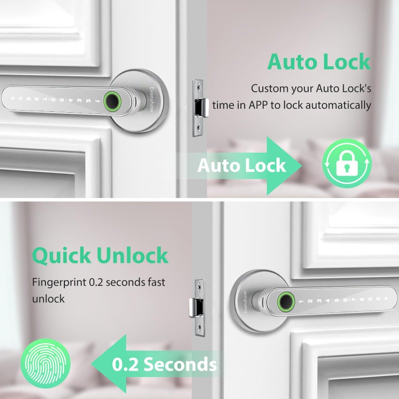 Evanshow Fingerprint Door Lock Biometric Door Knob with Keypad Keyless Entry, Door Locks for Bedrooms, Home Hotel Office Apartment Silver - Image 5