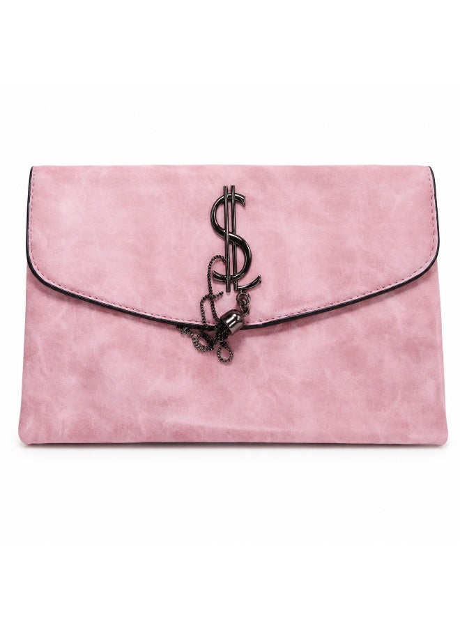 Women's clutch bag with a long strap, suitable for crossbody and shoulder carrying. Classic design with metal details, ideal for outings, evenings out, and special occasions - pink - Image 1
