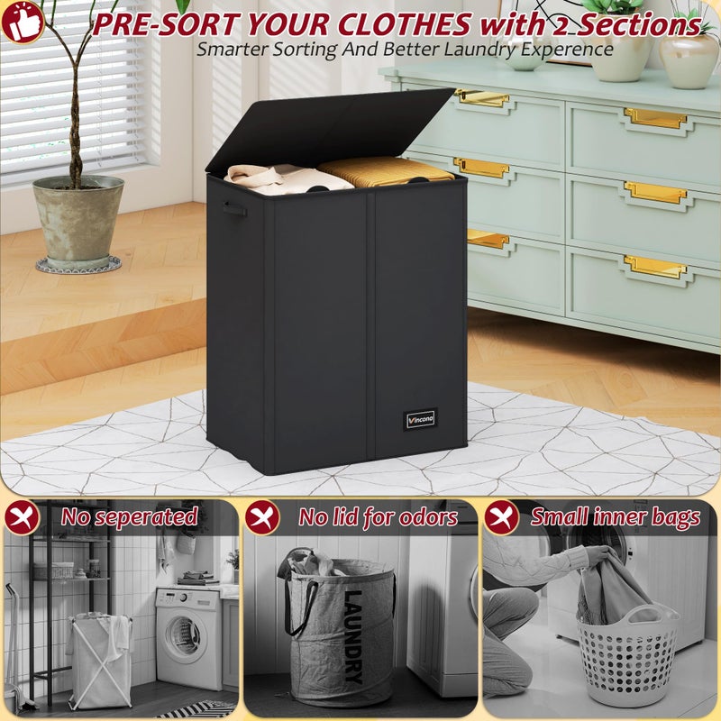 Vincona 150L Laundry Hamper 2 Section, Large Laundry Hamper with Lid, Dirty Clothes Hamper with 2 Removable Inner Bags, Collapsible Laundry Basket Organizer for for Clothes Toys Towels, Hamper 2 Compartment - Image 3