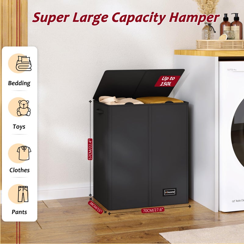 Vincona 150L Laundry Hamper 2 Section, Large Laundry Hamper with Lid, Dirty Clothes Hamper with 2 Removable Inner Bags, Collapsible Laundry Basket Organizer for for Clothes Toys Towels, Hamper 2 Compartment - Image 2