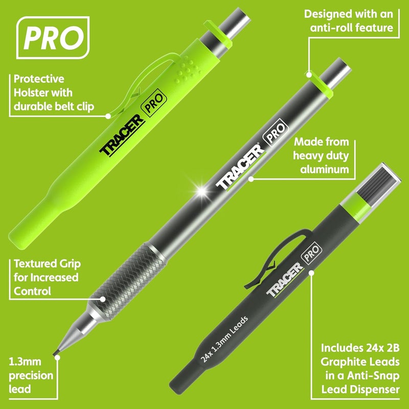 Tracer Pro Series Precision Pencil with 24 x Replacement 1.3mm Leads and Site Holsters. All-in-one Aluminium Precision Marking Kit - Image 2