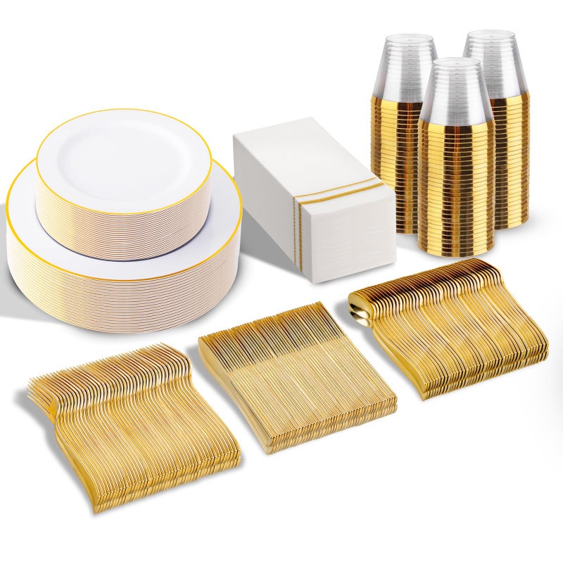 SUT 350 PCS Elegant White and Gold Disposable Dinnerware Set  Premium Dinner  Salad Plates Cups Napkins  Cutlery for 50 Guests  AllInclusive Party Plastic Plates