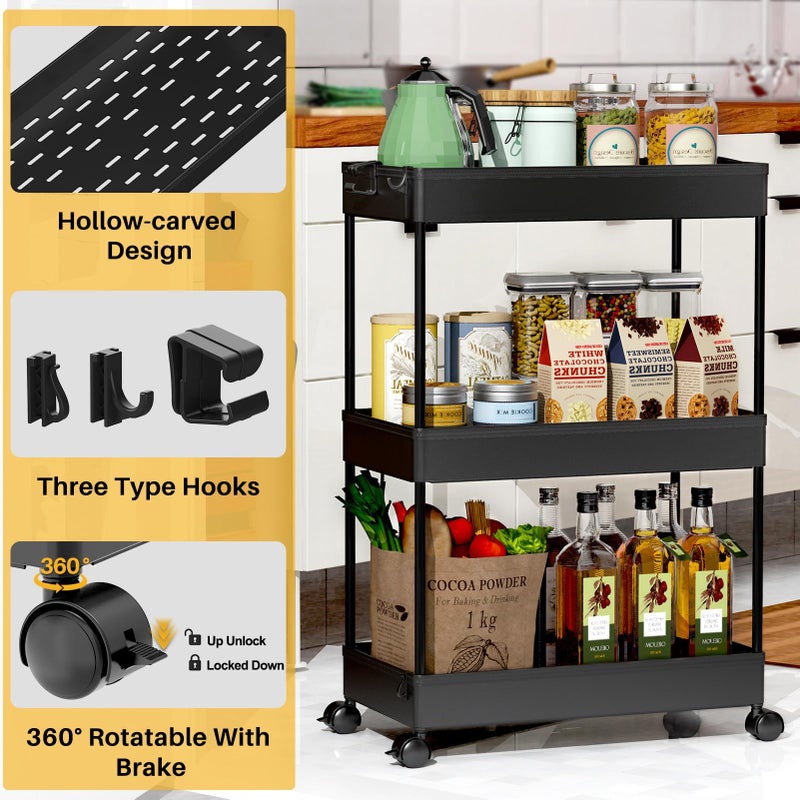 SPACELEAD 3 Tier Rolling Cart with Wheels, Storage Craft Art Trolley Organizer Serving, 3 Hanging Baskets Easy Assembly, for Office, Bathroomï¼ŒLiving Room, Kitchen, Black - Image 3