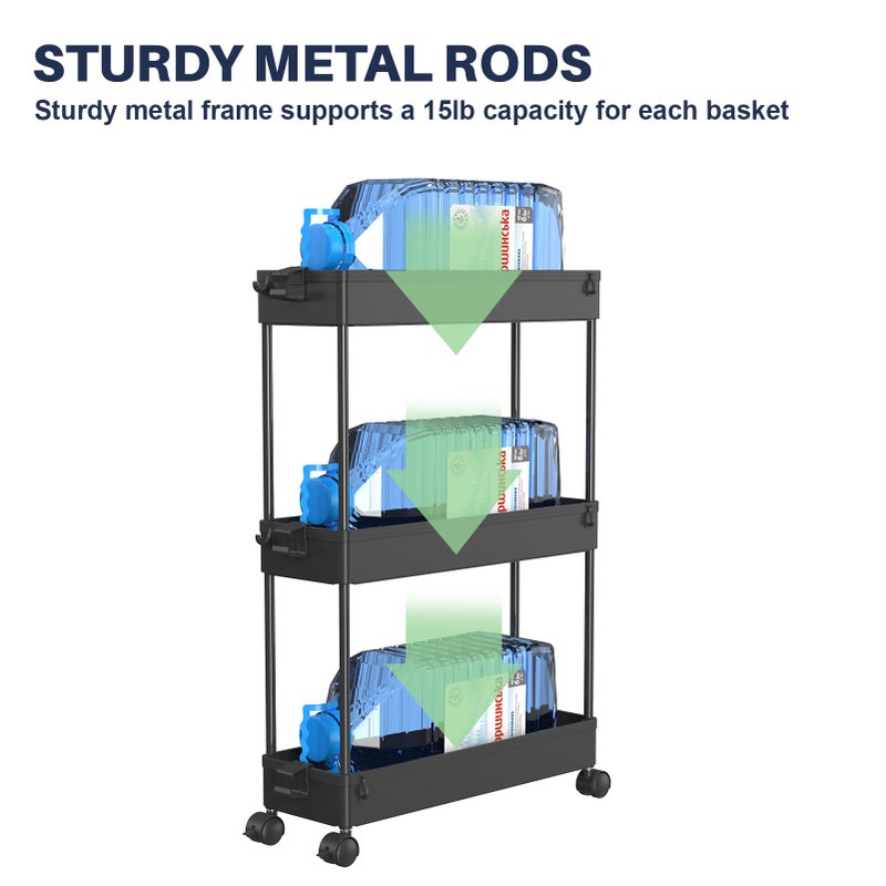 SPACELEAD 3 Tier Rolling Cart with Wheels, Storage Craft Art Trolley Organizer Serving, 3 Hanging Baskets Easy Assembly, for Office, Bathroomï¼ŒLiving Room, Kitchen, Black - Image 5