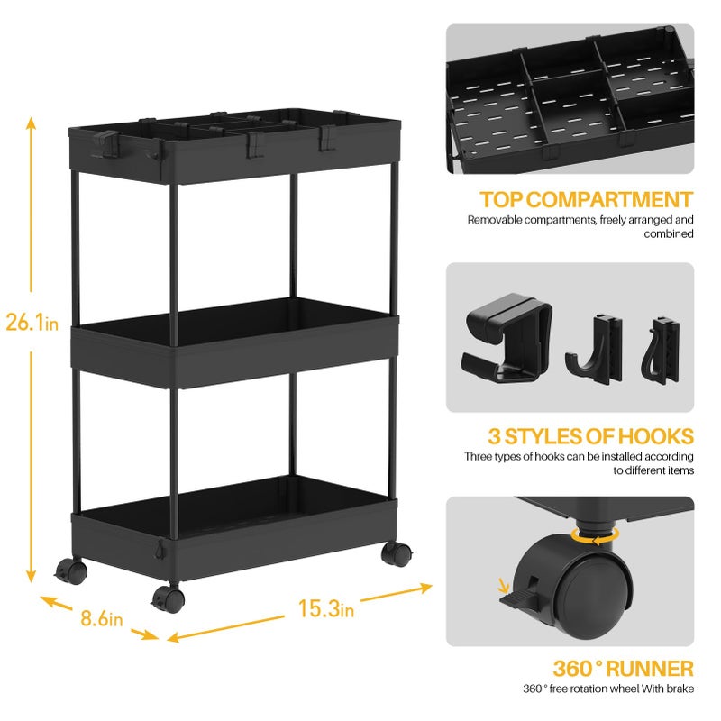 SPACELEAD 3 Tier Rolling Cart with Wheels, Storage Craft Art Trolley Organizer Serving, 3 Hanging Baskets Easy Assembly, for Office, Bathroomï¼ŒLiving Room, Kitchen, Black - Image 2