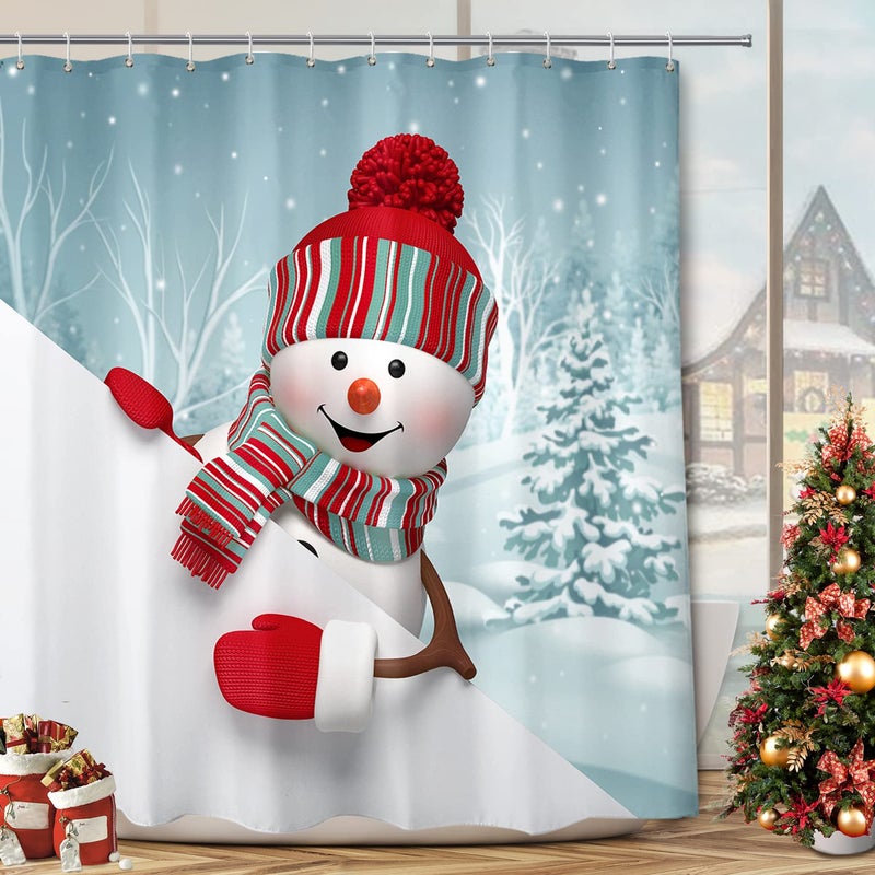 BROSHAN Winter Christmas Shower Curtain Winter Holiday Fabric Shower Curtains Cute Snowman Pattern Christmas Bathroom Decor Set with Hooks 72 x 72 Red Blue White