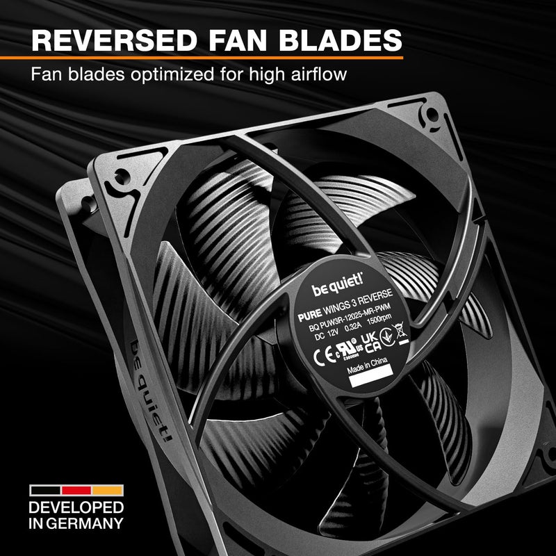 be quiet! Pure Wings 3 120mm PWM Reverse Triple Pack, 3 Included, Inverted Blades, high top-end Speed, Low Minimum RPM, Optimized Fan Frame, Newly Designed Fan Blades - Image 2