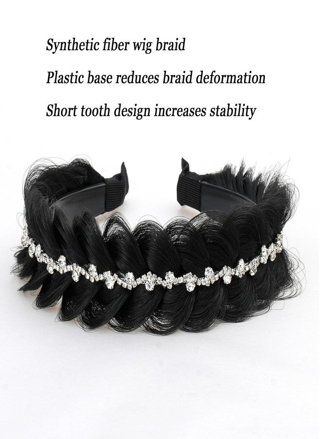 TOECWEGR Wide Messy Braided Headband with Teeth Synthetic Braided Headband Twisted Braid Fishtail with Crystal Embellishments Accessories for Girl and Women - Image 3