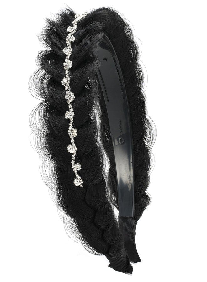 TOECWEGR Wide Messy Braided Headband with Teeth Synthetic Braided Headband Twisted Braid Fishtail with Crystal Embellishments Accessories for Girl and Women - Image 1