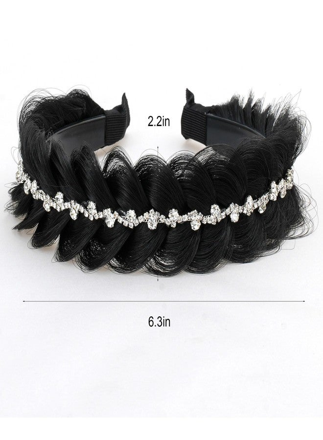 TOECWEGR Wide Messy Braided Headband with Teeth Synthetic Braided Headband Twisted Braid Fishtail with Crystal Embellishments Accessories for Girl and Women - Image 2