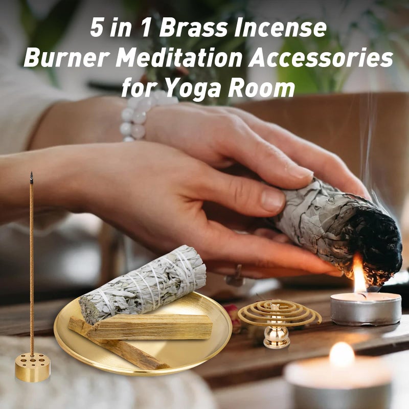 Iffitya Incense Holder 5.5 inches, 5 in 1 Incense Burner, Palo Santo Holder, Sage Holder, Incense Holder for Sticks/Coil Incense/Incense Cones, Brass Insence Sticks Holder Meditation Accessories for Yoga Room - Image 5